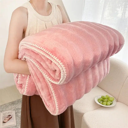 Pink plush bubble velvet woolen sofa blanket with cream stitched trim for living room decorbites bubble velvet throw