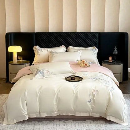 Cream butterfly embroidery 800tc egyptian cotton bedding set in cream satin with floral embroidery and pink accents