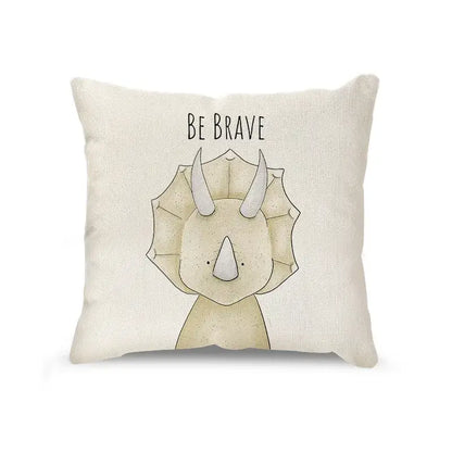 Cream cartoon animal linen throw pillow featuring a cute triceratops and be brave phrase for living room decorbites cartoon animal