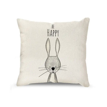 Cream cartoon animal linen pillowcase set featuring off-white be happy bunny cushion with black ink rabbit design decorbites cartoon animal