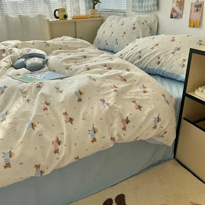Cream cartoon bear pattern printed bedding set featuring a cream duvet cover with decorbites cartoon pattern dogs