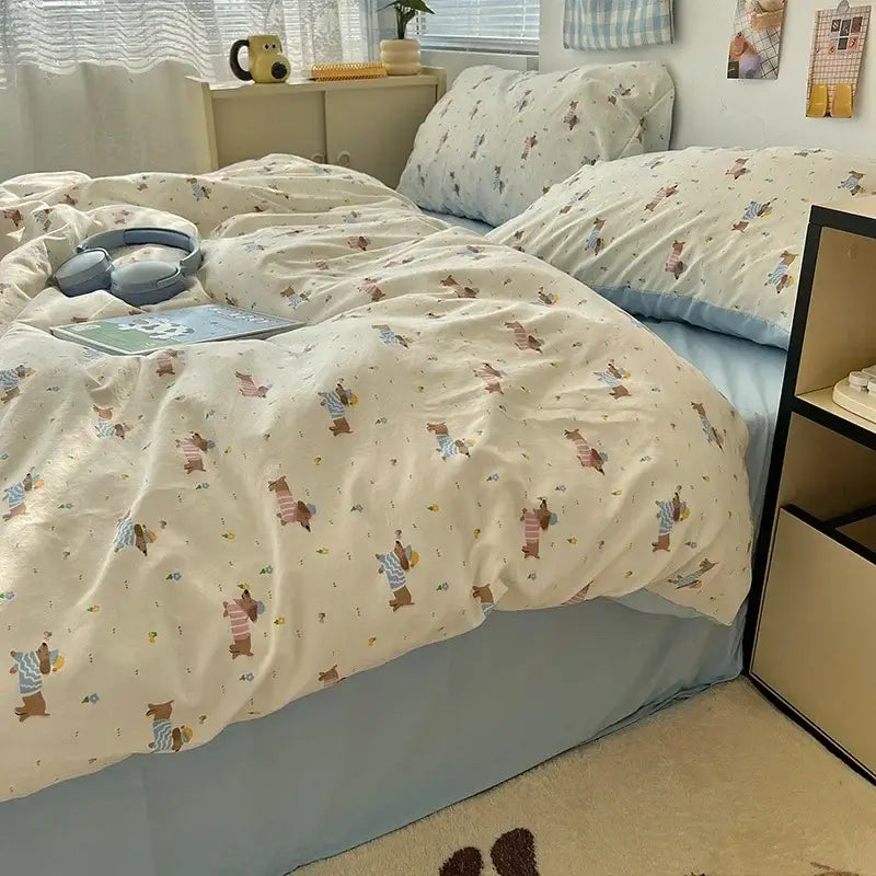 Cream cartoon bear pattern printed bedding set featuring a cream duvet cover with decorbites cartoon pattern dogs