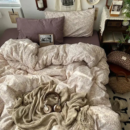 Cream bedding set with cartoon bear pattern printed on soft cream-colored floral textured weave for bedroom decorbites decor