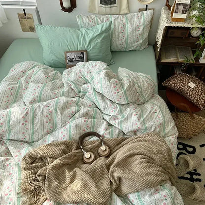 Cozy beige knit throw blanket with frayed edges on a bed with cream cartoon bear pattern printed bedding set decorbites cartoon pattern