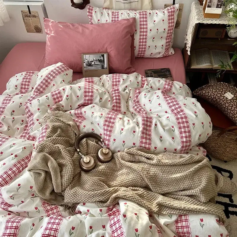 Cream cartoon bear pattern printed bedding set featuring pink and white tulip design with red plaid accents for decorbites cartoon pattern decor
