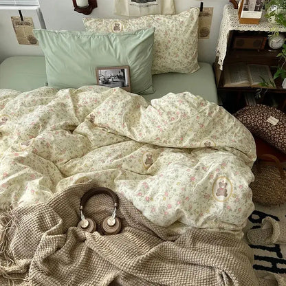 Soft cream-colored duvet cover bedding set with delicate blue gray floral and bunny motifs for decorbites cartoon pattern decor