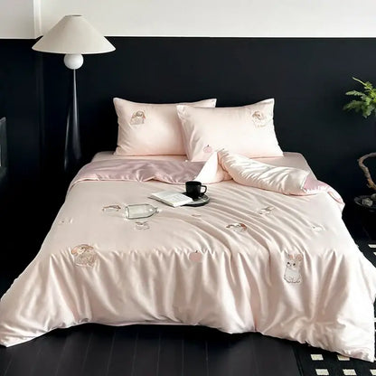 Pink satin bedding set with embroidered bunny and peach motifs cream cartoon embroidered ice silk decorbites bedroom decor