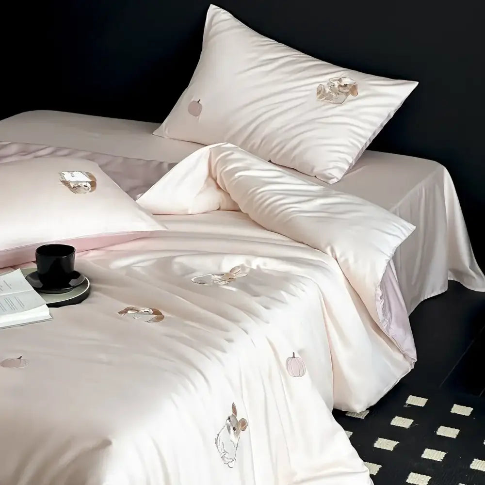 Cream cartoon embroidered ice silk bedding set in cream with delicate rabbit and pumpkin motifs for bedroom decorbites cartoon embroidered