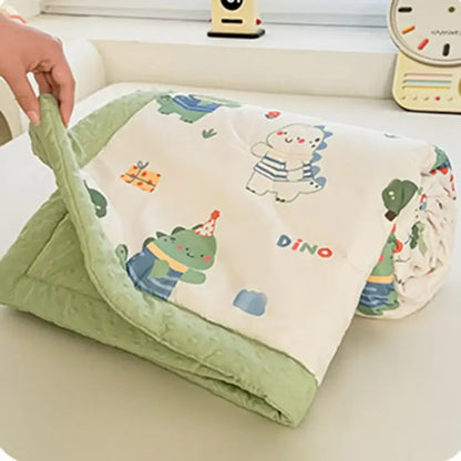Cream cartoon pattern summer quilt soft duck comforter with a cream dinosaur print and green minky border from decorbites cartoon pattern