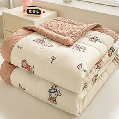 Cream cartoon pattern summer quilt with playful animal design and soft pink trim for bedroom decorbites cartoon pattern