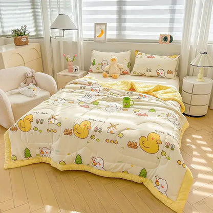 Cream cartoon pattern summer quilt featuring a soft plush texture with playful yellow duck decorbites cartoon pattern design