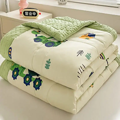 Cream cartoon pattern summer quilt featuring green tractor farm prints with a matching light green textured border