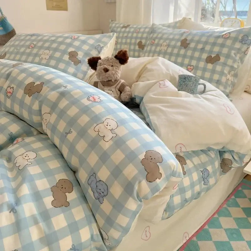 Blue and white checkered duvet cover with cute cartoon puppy prints in a decorbites cartoon printed cotton bedding set