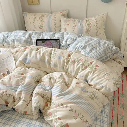 Cream cartoon printed cotton bedding set featuring cream floral and striped duvet with pastel accents for bedroom decorbites cartoon printed style