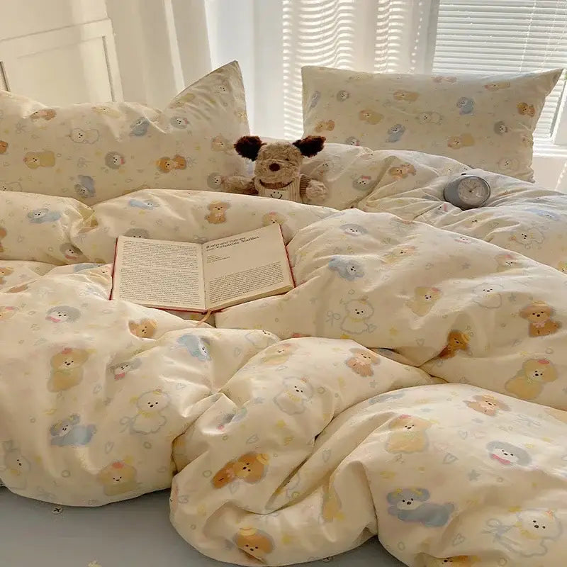 Cream cartoon printed cotton bedding set featuring plush texture and pastel yellow and blue bear decorbites cartoon printed design