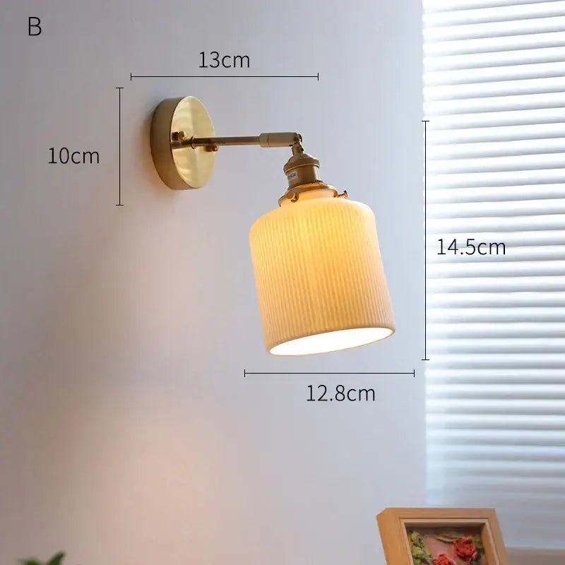Vintage-style cream ceramic led wall light with copper arm and ribbed off-white fabric shade for bedroom decorbites ceramic led