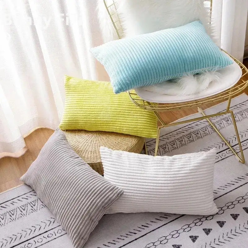 A set of pastel blue lime green gray and white ribbed corduroy striped cushion covers for living room decorbites corduroy striped pillows