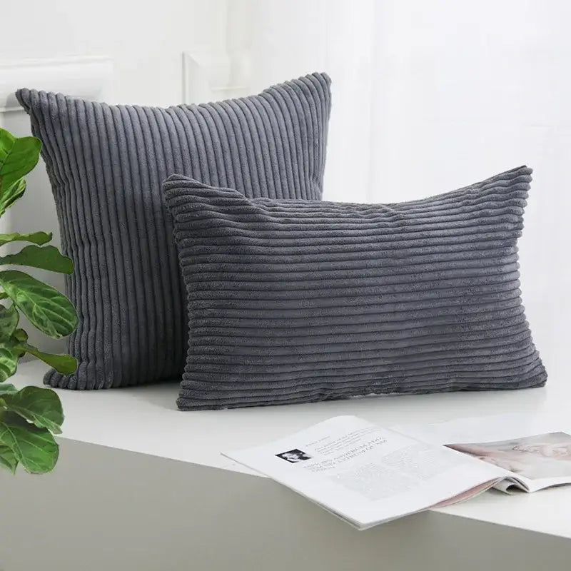 Two gray corduroy striped cushion covers with ribbed texture in square and rectangular shapes for living room decorbites decor
