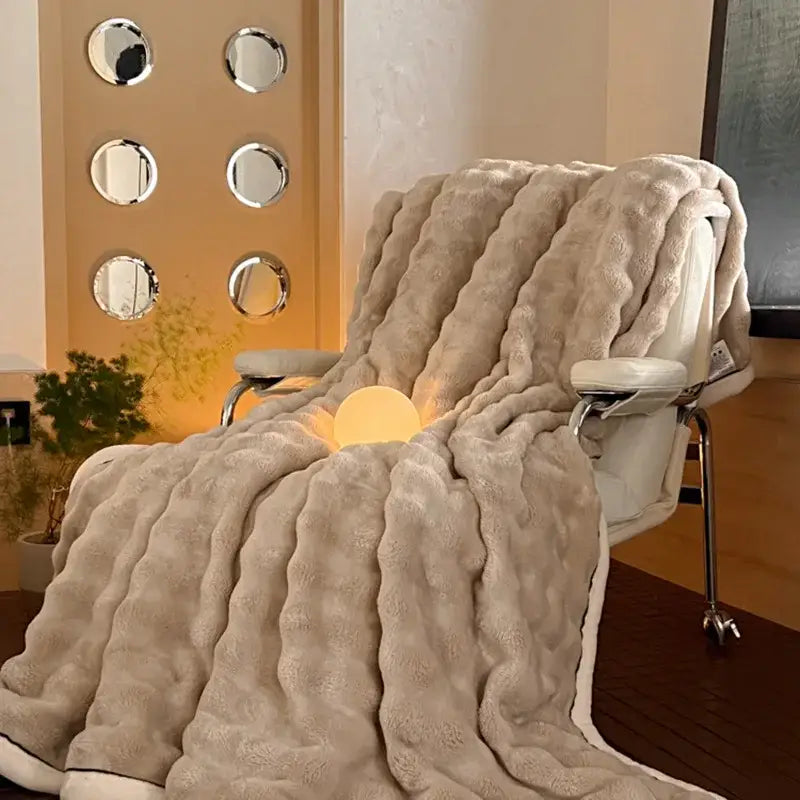 Cream cozy bubble faux rabbit fur blanket beige plush throw with textured wavy pattern draped over white chair