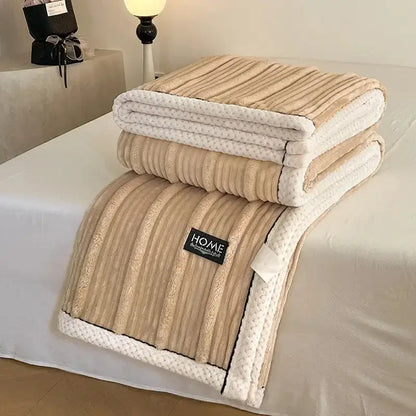 Beige ribbed cozy faux rabbit plush blanket with white textured border and black home label for bedroom decorbites cozy faux