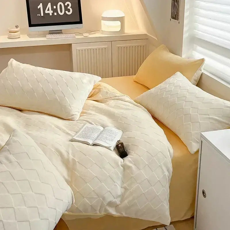 Cream cozy milk fleece bedding set featuring a cream quilted duvet cover with subtle diamond pattern decorbites cozy milk