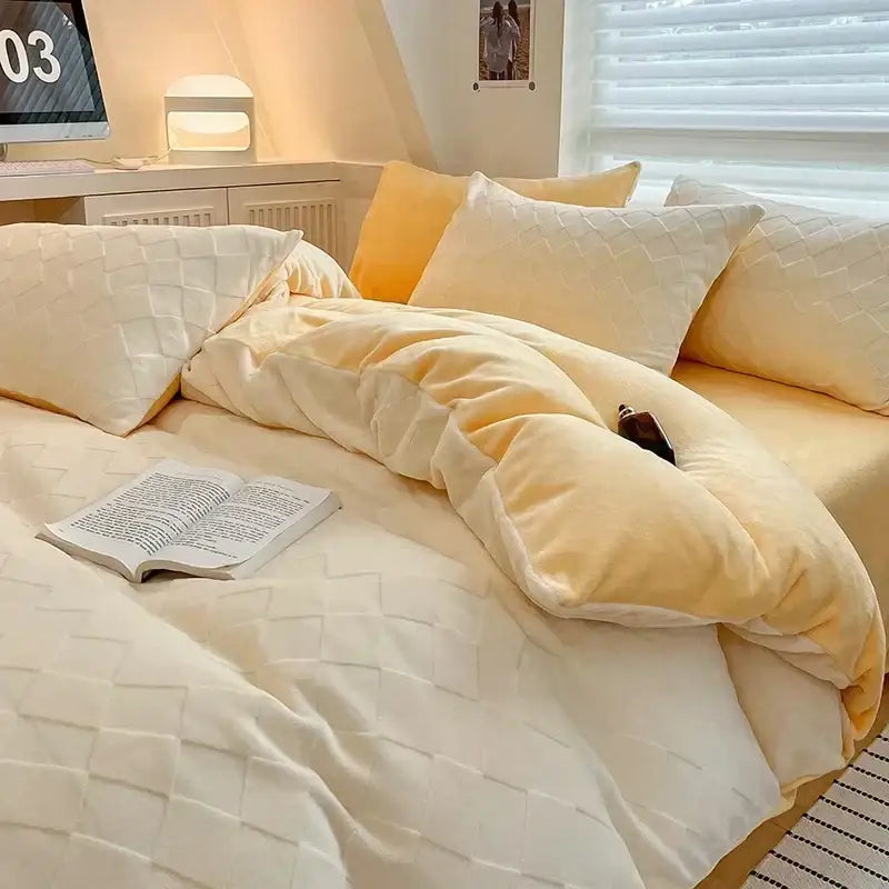 Cream cozy milk fleece bedding set with cream-colored quilted duvet cover and matching plush pillows for bedroom decorbites cozy milk