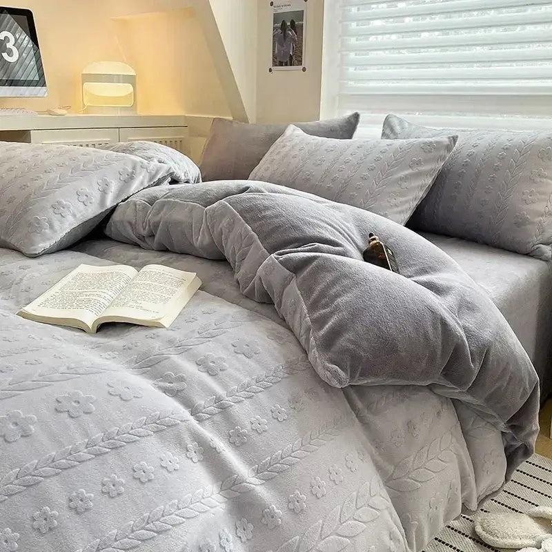 Gray plush duvet set with embroidered floral and leaf patterns from decorbites cozy milk fleece bedding set