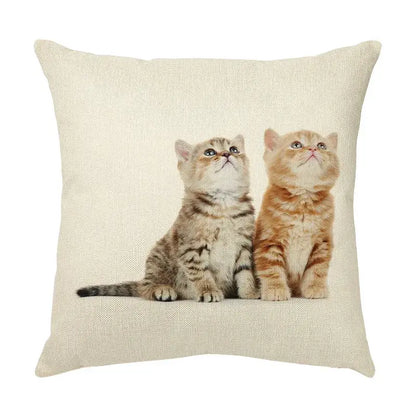 Beige linen throw pillow with cute cat face decorative print of tabby and orange kittens for living room use