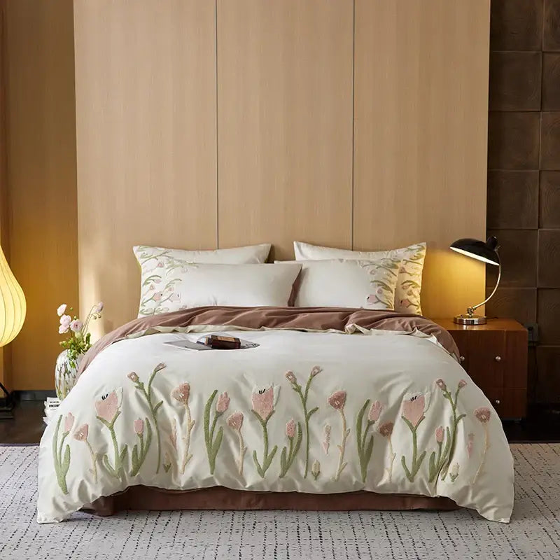 Cream egyptian cotton tulip embroidery bedding set with cream bedspread featuring delicate pink and green tulips