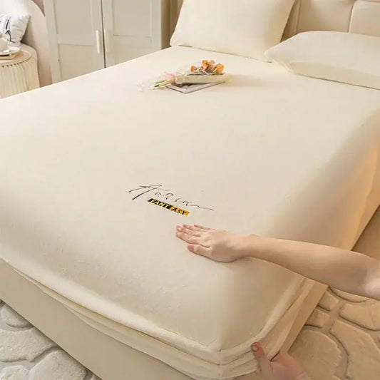 Cream embroidered cozy velvet fitted sheet in cream with soft texture and subtle fantasy logo for bed decorbites cozy velvet