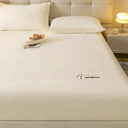 Cream embroidered cozy velvet fitted sheet in cream color with smooth texture and gold accent for bedroom decorbites cozy velvet use