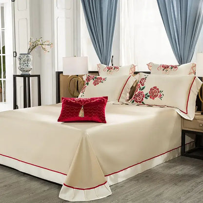 Cream floral 200s embroidery egyptian cotton bedding set with cream satin bedspread and pink rose embroidered pillow