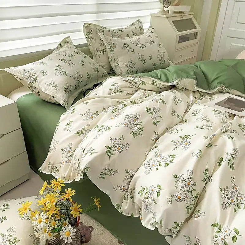 Cream floral cartoon printed bedding set with cream color, green accents, delicate floral patterns, and satin-like finish