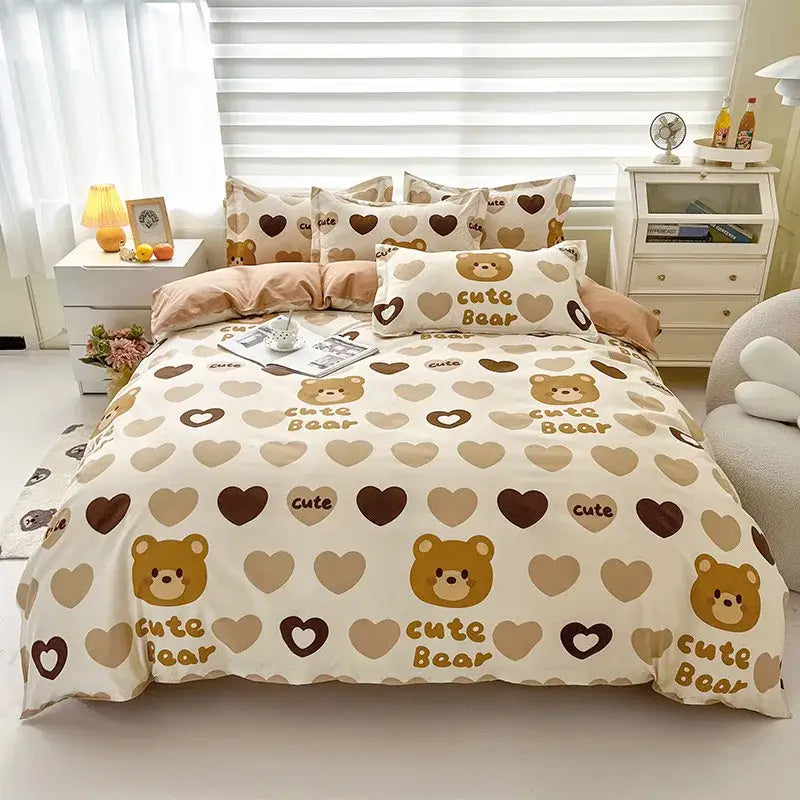 Cute beige and brown bear-themed decorbites cartoon printed bedding set with heart patterns and green floral accents