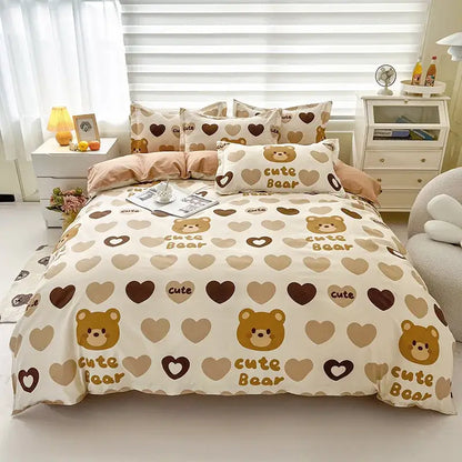Cute beige and brown bear-themed decorbites cartoon printed bedding set with heart patterns and green floral accents