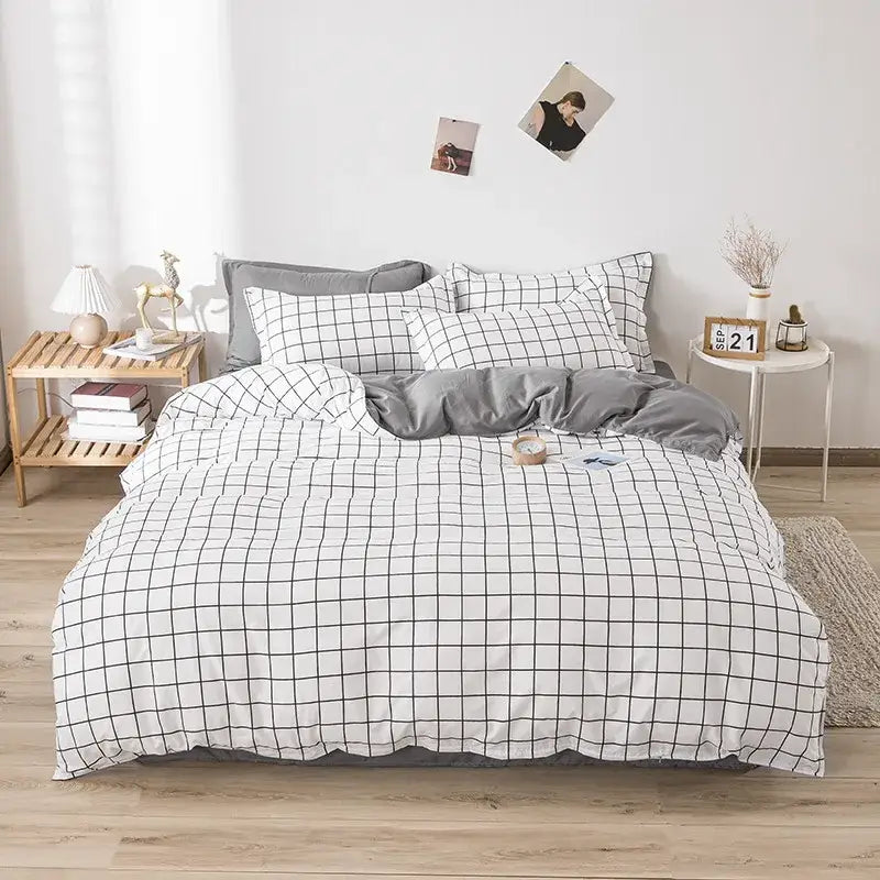 Cream floral decorbites cartoon printed bedding set with white and gray grid pattern in soft cotton fabric