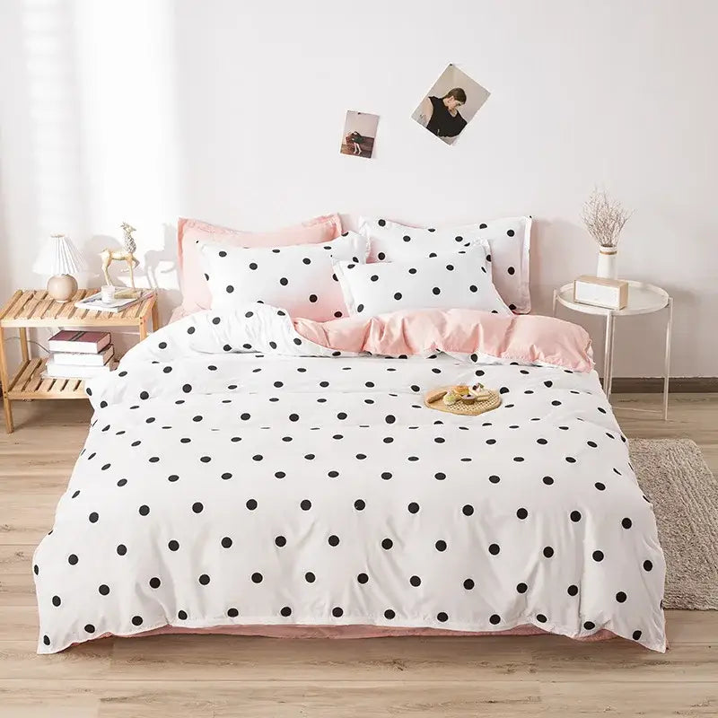 Polka dot duvet cover set in white with black dots and pink satin trim for decorbites cartoon printed bedding set with green accents