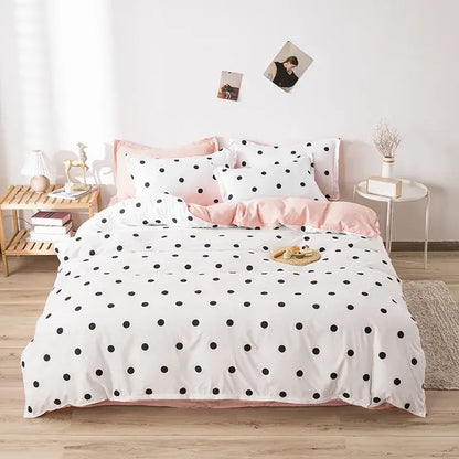 Polka dot duvet cover set in white with black dots and pink satin trim for decorbites cartoon printed bedding set with green accents