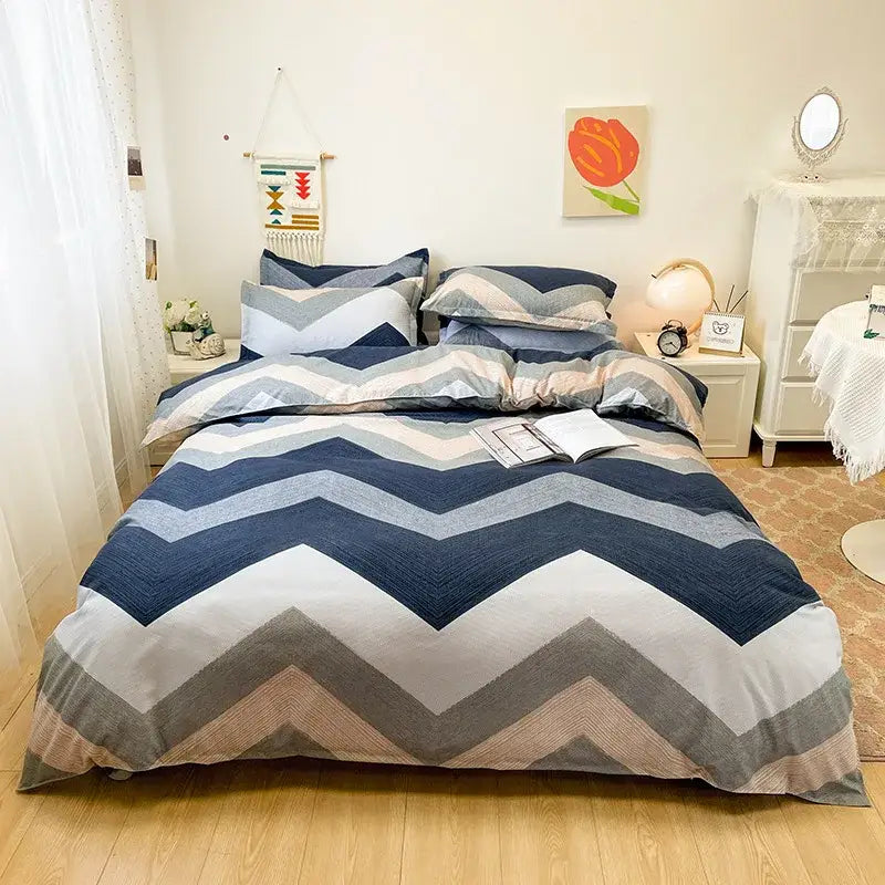 Blue and gray chevron patterned bedding set with textured woven fabric finish for decorbites cartoon printed bedding