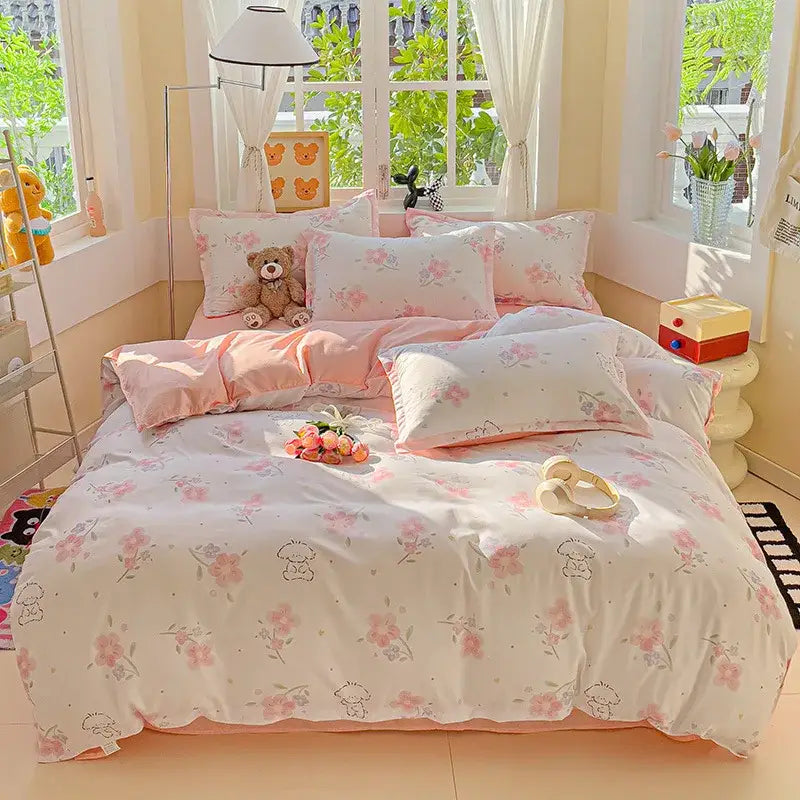 Cream floral cartoon printed bedding set with pink floral pattern and green accents featuring decorbites cartoon printed design
