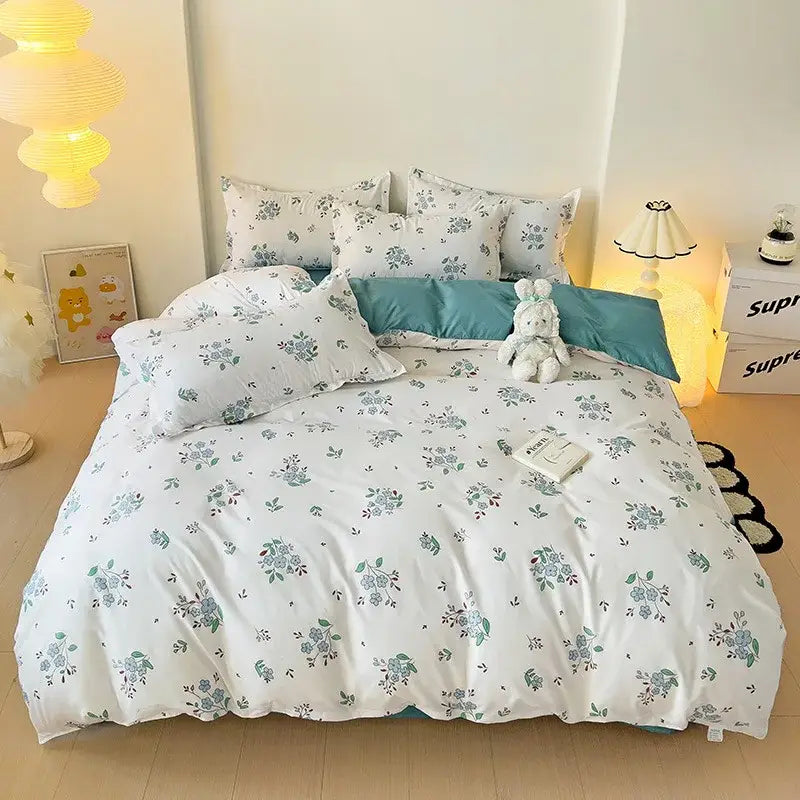 Cream floral cartoon printed bedding set with white cotton duvet and teal pillowcases for bedroom decorbites cartoon printed decor