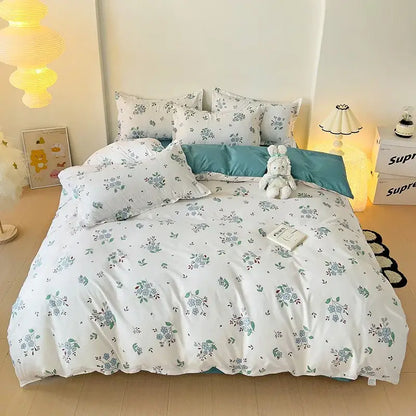 Cream floral cartoon printed bedding set with white cotton duvet and teal pillowcases for bedroom decorbites cartoon printed decor
