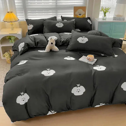 Black duvet cover set with white cartoon dog faces and crowns featured in decorbites cartoon printed bedding set