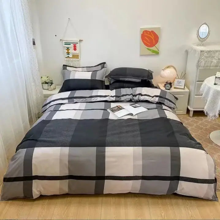 Gray and black plaid duvet cover set with modern minimalist design for bedroom decorbites cartoon printed bedding set