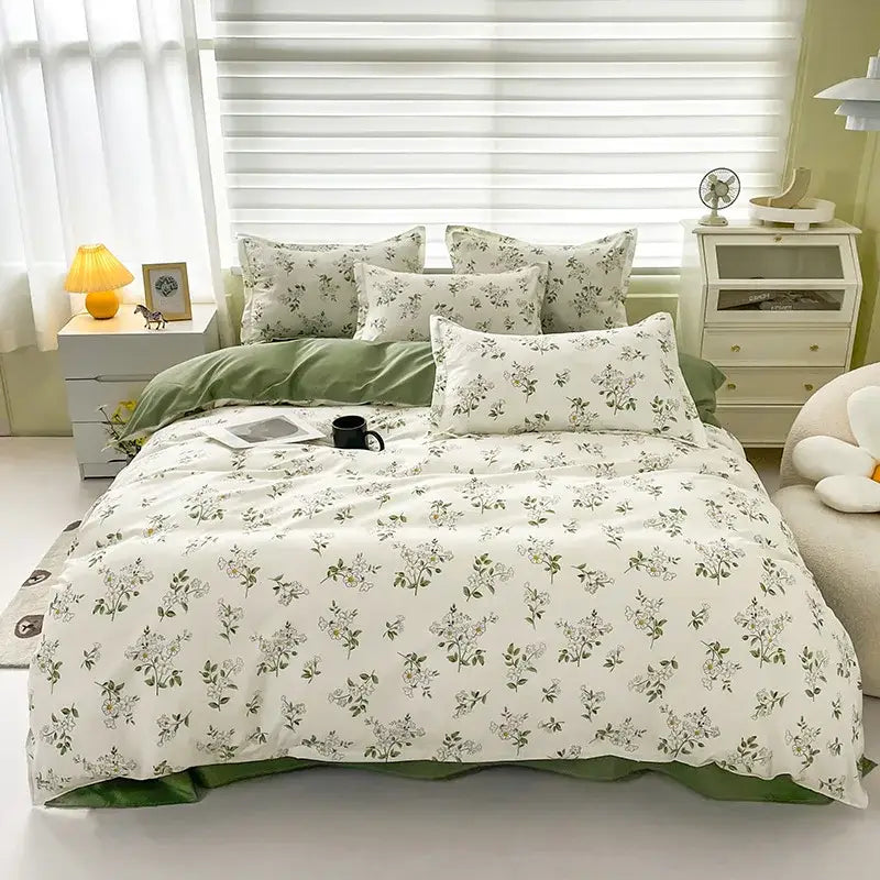 Cream floral cartoon printed bedding set with green accents featuring delicate botanical prints for bedroom decorbites cartoon printed decor