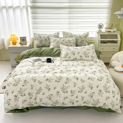Cream floral cartoon printed bedding set with green accents featuring delicate botanical prints for bedroom decorbites cartoon printed decor