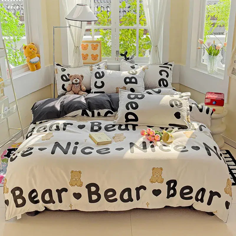 Cream floral cartoon printed bedding set with cream bear print and green accents by decorbites cartoon printed collection