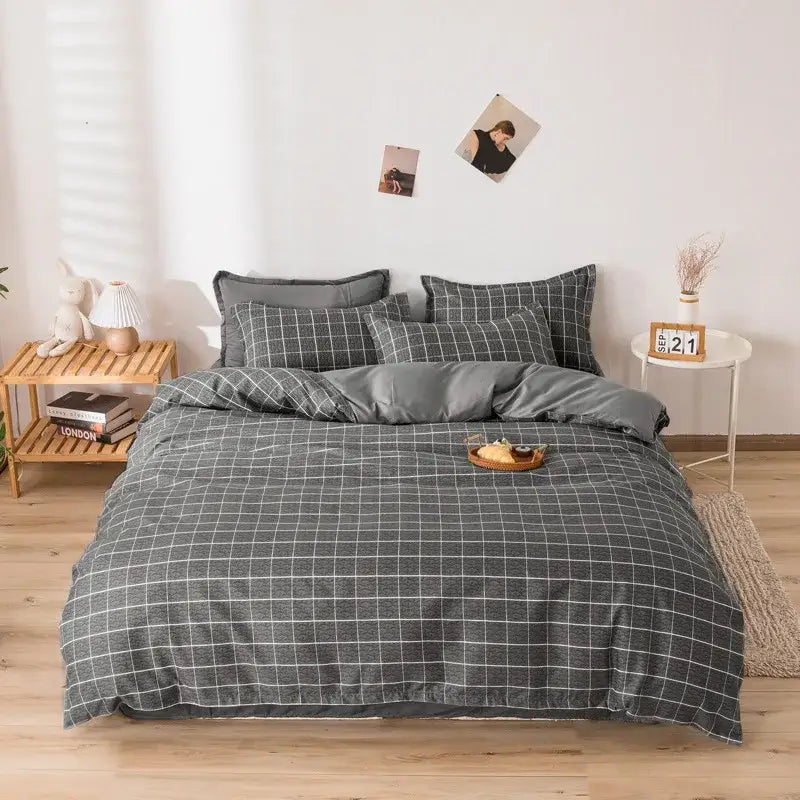 Gray and white checkered duvet bedding set with soft textured fabric finish for decorbites cartoon printed bedroom decor
