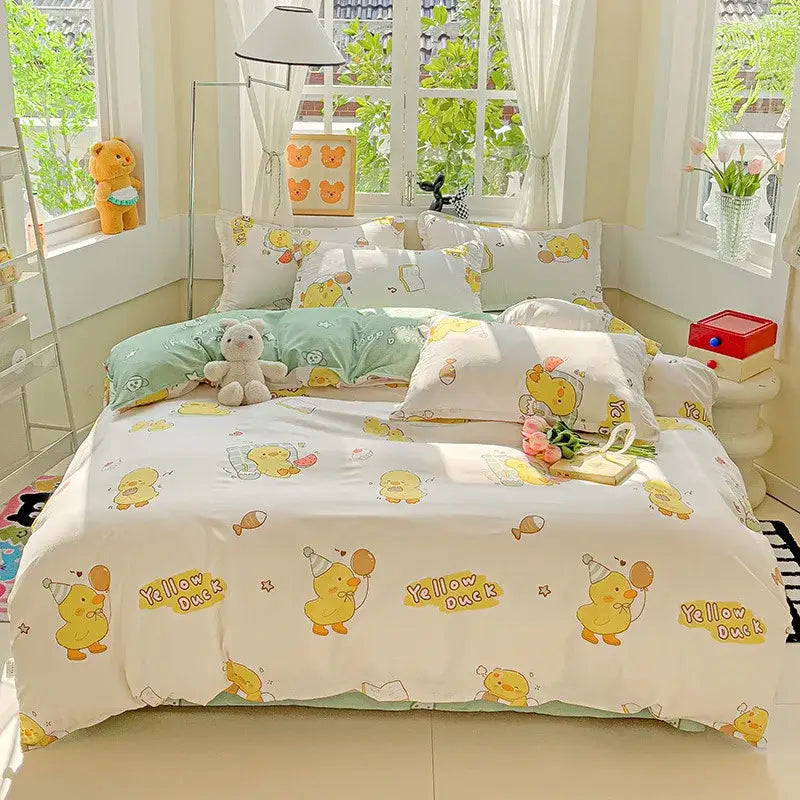 Cream floral decorbites cartoon printed bedding set with yellow duck party hats and balloons in white and mint green tones