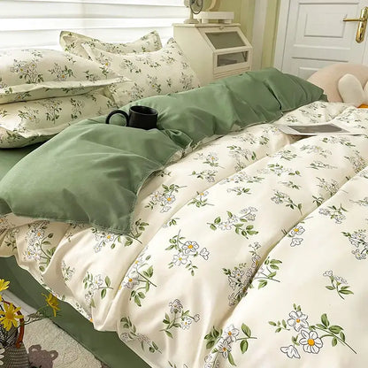 Cream floral cartoon printed bedding set with green accents and matching pillow sham by decorbites for bedroom decor